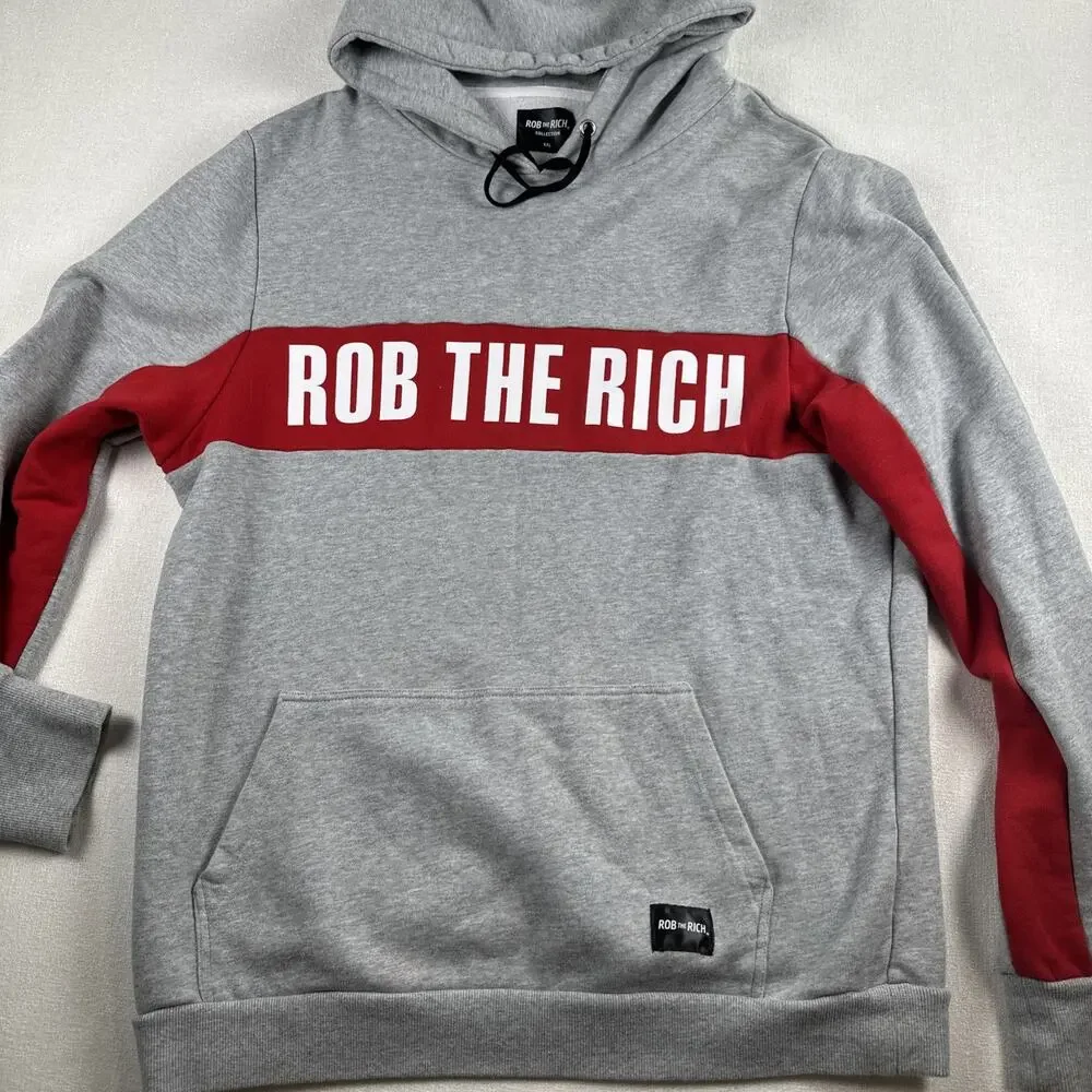 Rob the Rich Collection Men XL Gray Hooded Drawstring Pocket Pullover Sweatshirt